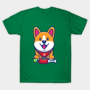 Cute Corgi, Food, Bone And Baseball Cartoon T-Shirt